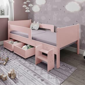 Cama Solteiro Com 2 Baus Organizador E Escada Luna Plus Rosa