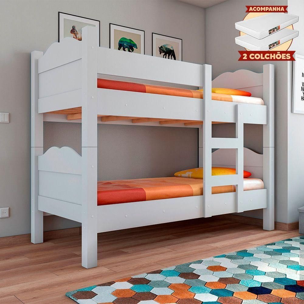Beliche Multifuncional Que Vira 2 Camas Madrid Com Grades De Proteção - Branco Com 2 Colchões