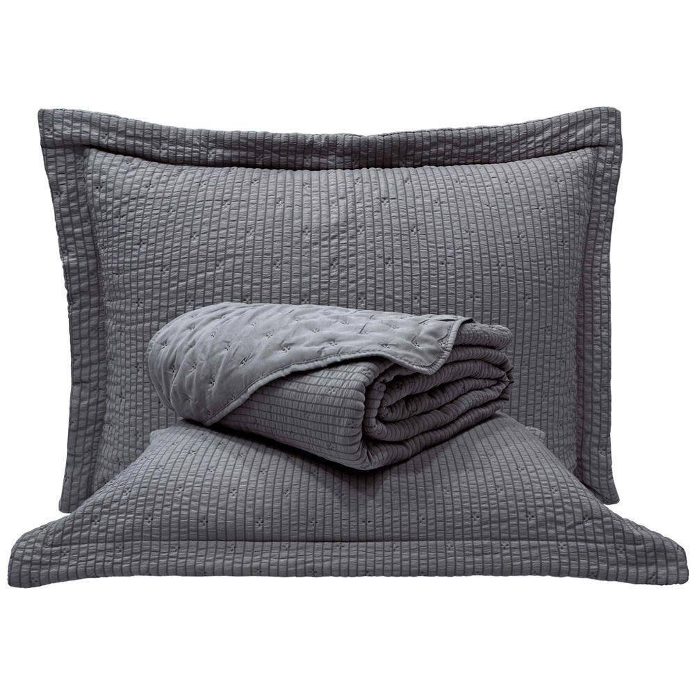 Kit Cobre Leito Colcha Casa Scarpa Anabela Queen Dupla Face Texturizado Percal 300 Fios 3 Peças - Cinza - 100% Poliéster
