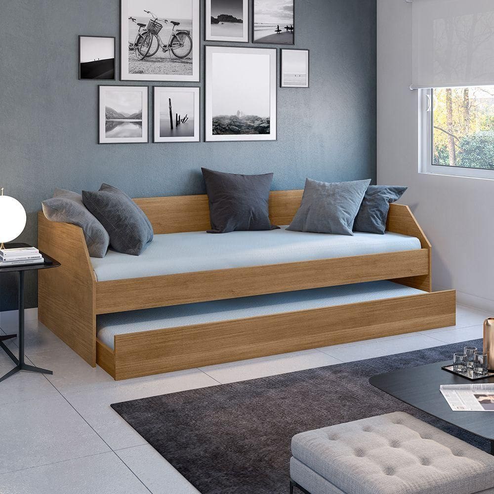 Bicama Solteiro Duo Luxo Com Cama Auxiliar Em Mdf Premium Amendoa