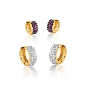 Conjunto Brinco Argolas Zirconias Brancas E Rubi Banhado Ouro
