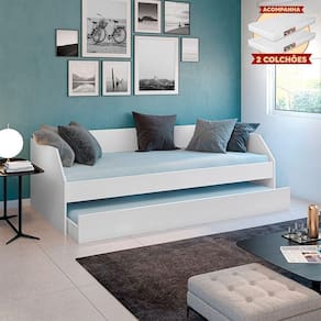 Sofá Cama Solteiro Duo Com Cama Auxiliar Em Mdf Reforçado 15mm Branco Com 2 Colchões