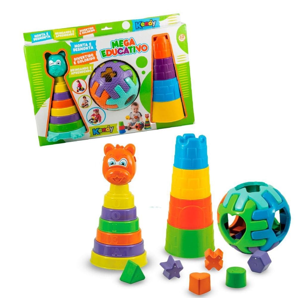 3 Brinquedos Educativos 1 Ano - Ursinho + Torre + Bola