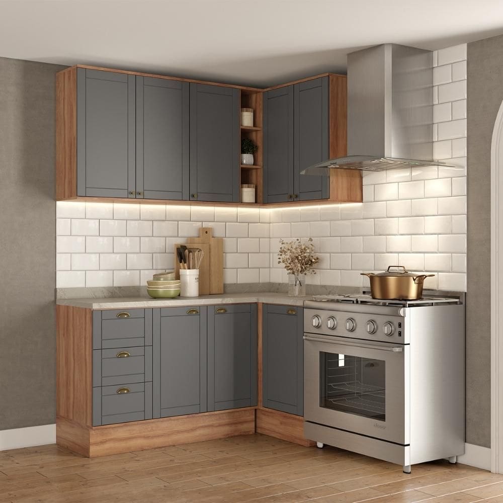 Armário de Cozinha Completa c Balcão Milla Bee Carraro Nogal Cinza Titânio