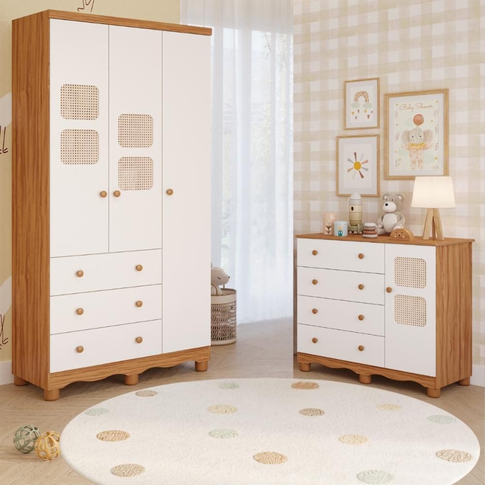 Quarto de Bebê Completo Guarda Roupas 3 Portas Cômoda 1 Porta 4 Gavetas 100% MDF Telinha 