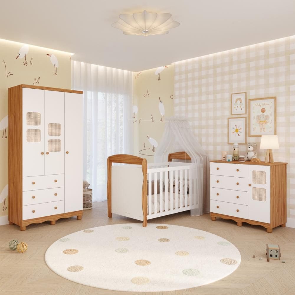 Quarto Bebê Completo Berço Americano Marquesa 3 em 1 Guarda Roupas 3 Portas Cômoda 100% MDF Telinha 