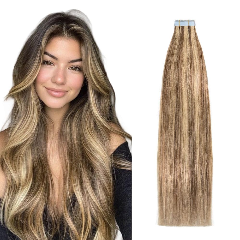 Fita adesiva em extensões de cabelo Lveyan 20" castanho castanho/loiro dourado