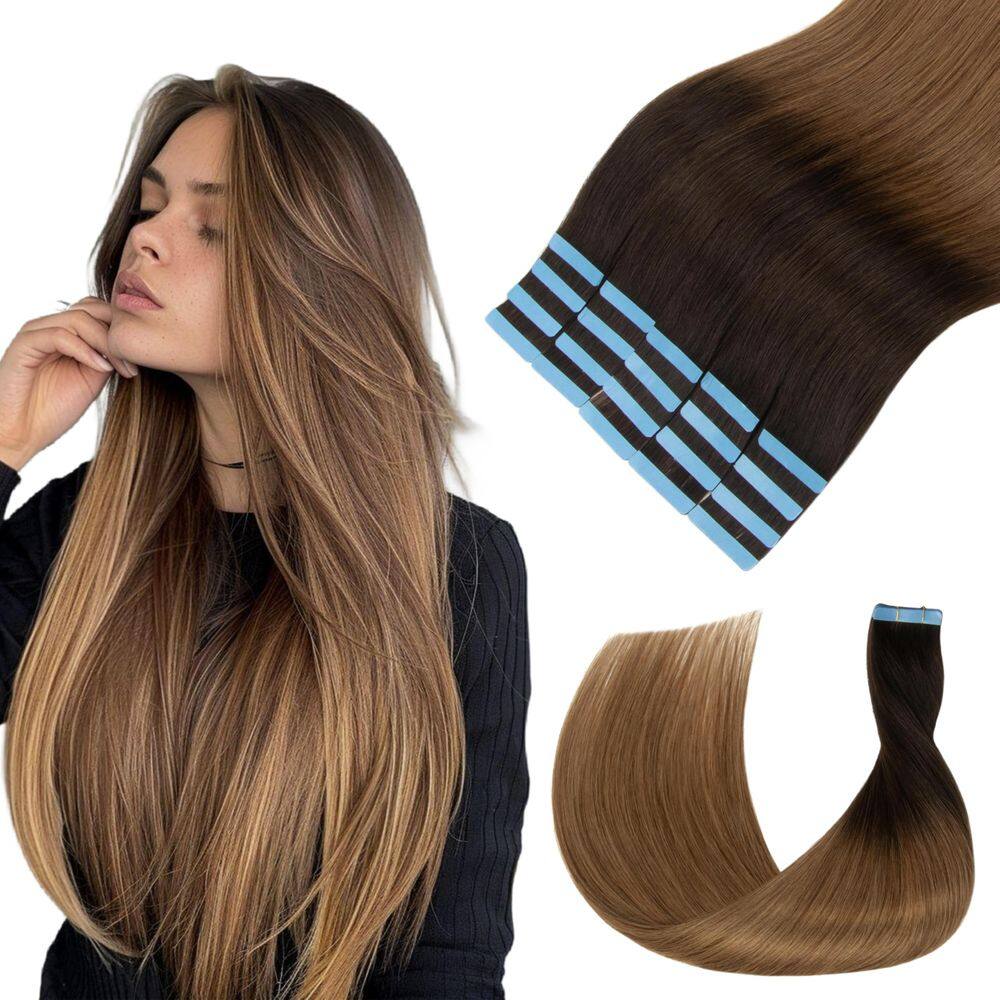 Extensões de cabelo Lveyan Tape em cabelo humano, 20 unidades, 20 cm, marrom escuro