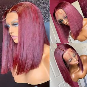 Peruca amzhair 99J Burgundy Bob 40 cm de cabelo humano com renda frontal