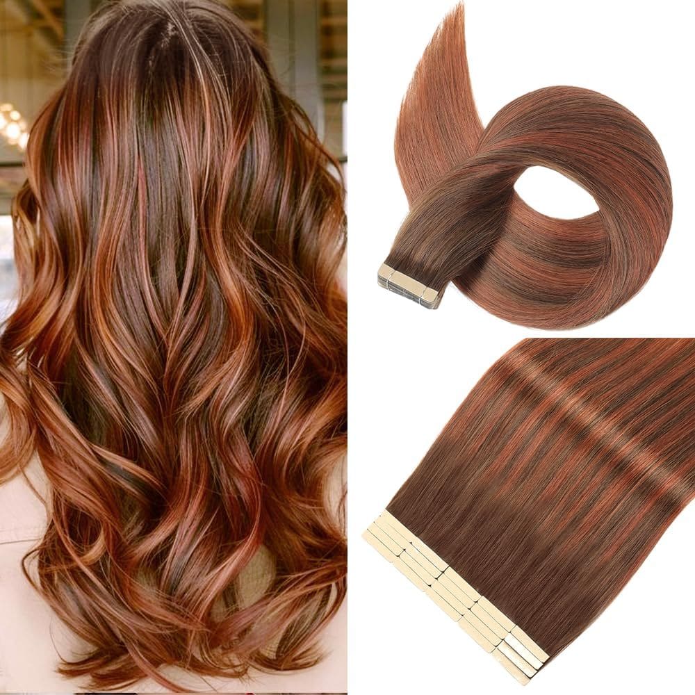 Fita adesiva em extensões de cabelo YNSNR Balayage Chocolate to Auburn