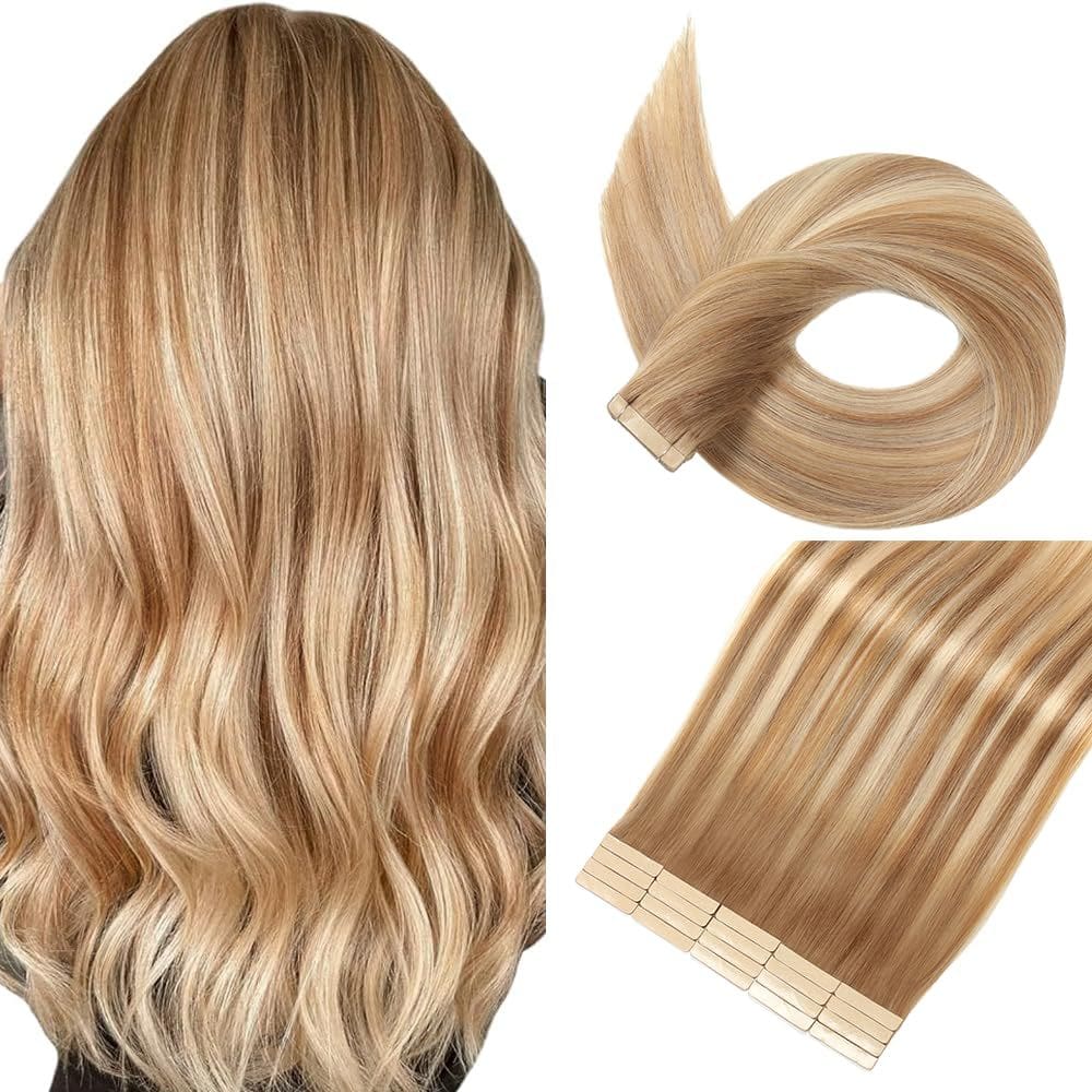 Fita adesiva em extensões de cabelo YNSNR de marrom médio a loiro escuro 20cm