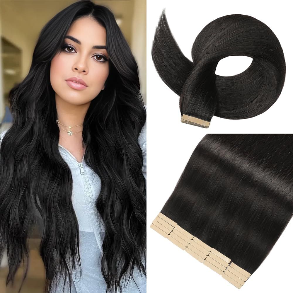 Fita adesiva em extensões de cabelo YNSNR Natural Black 55 cm 20 unidades