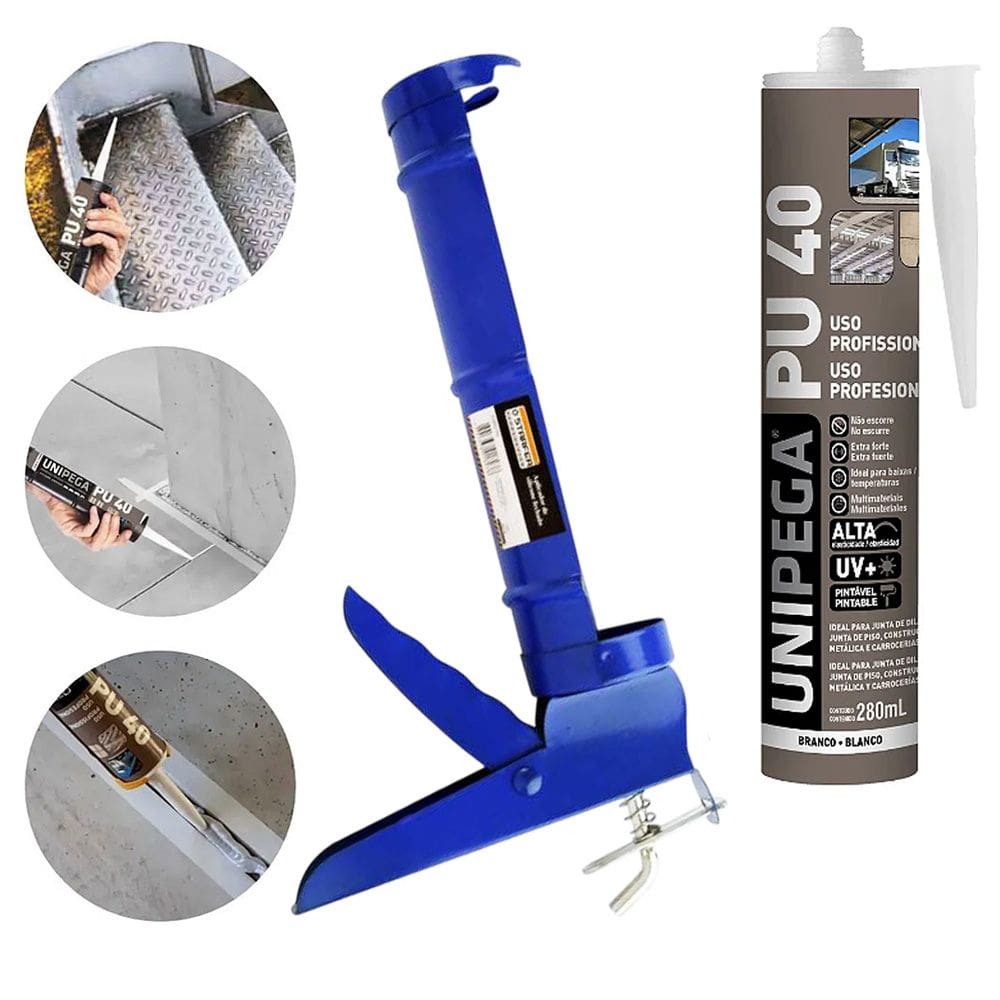 Kit Aplicador de Silicone + Cola Selante Adesivo PU 40 Branco 400g Unipega Construção e Vedação