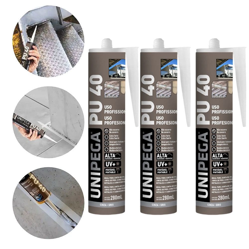 Kit 3 Cola Selante PU40 Poliuretano Cinza 400g Profissional Adesivo Vedação Alta Resistência Madeira Vidro Metal