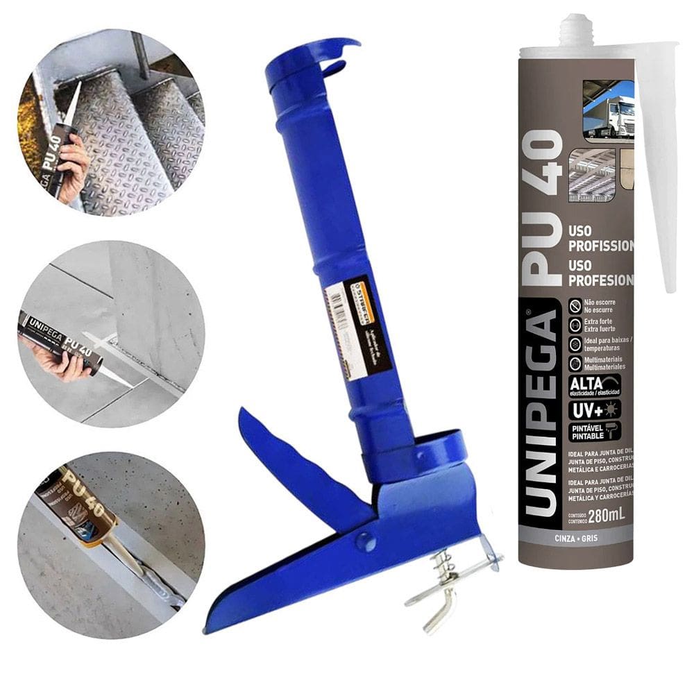 Kit Aplicador de Silicone + Cola Selante Adesivo PU 40 Cinza 400g Unipega Construção e Vedação