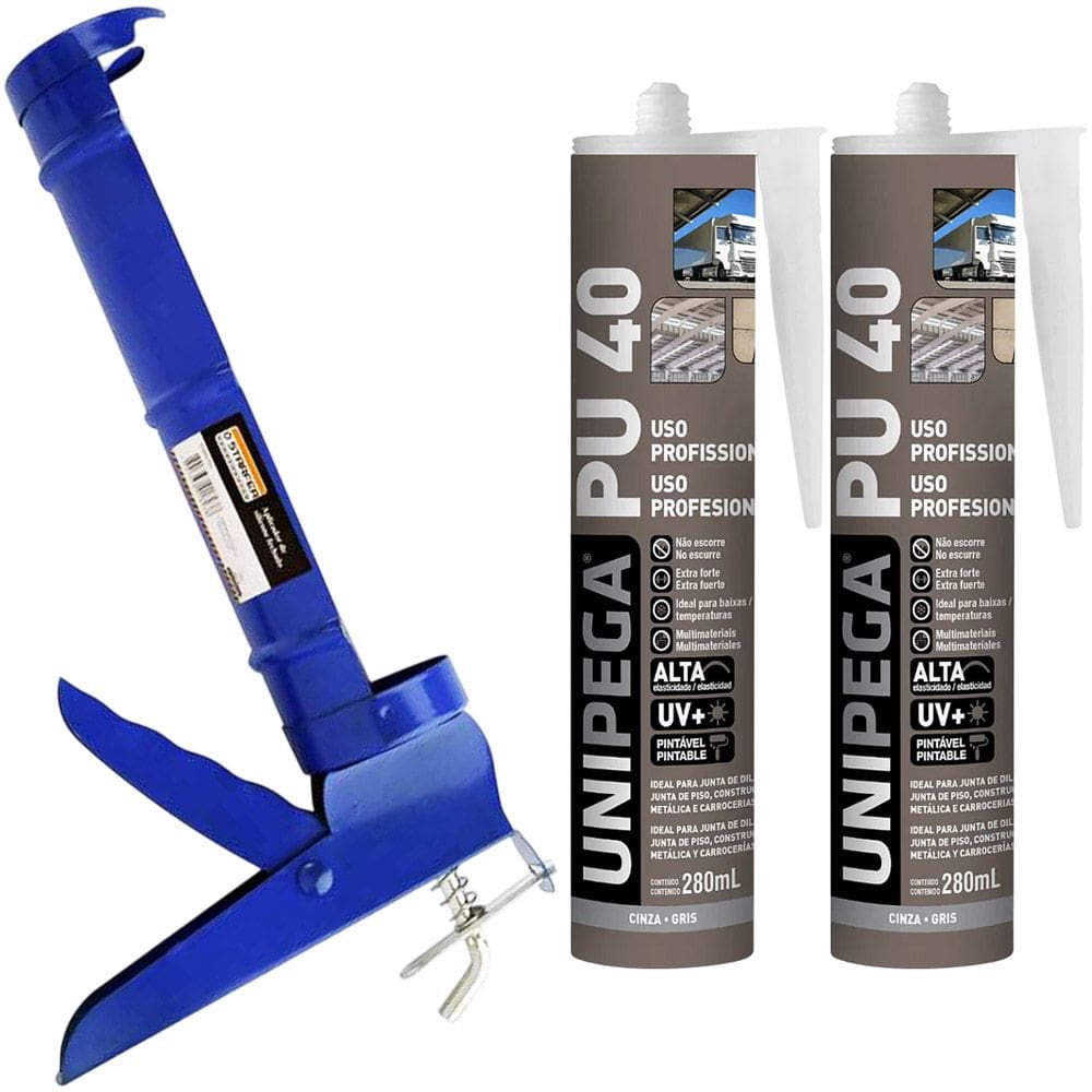 Kit Aplicador de Silicone + 2 Cola Selante Adesivo PU 40 Cinza 400g Unipega Construção e Vedação