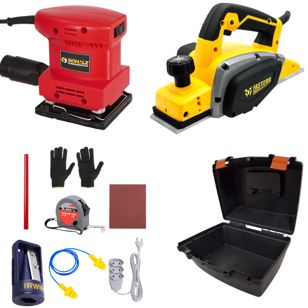 Plaina Elétrica Manual 550W Fasterr e Lixadeira Orbital 135W 50-60HZ + Kit de Alta Performance