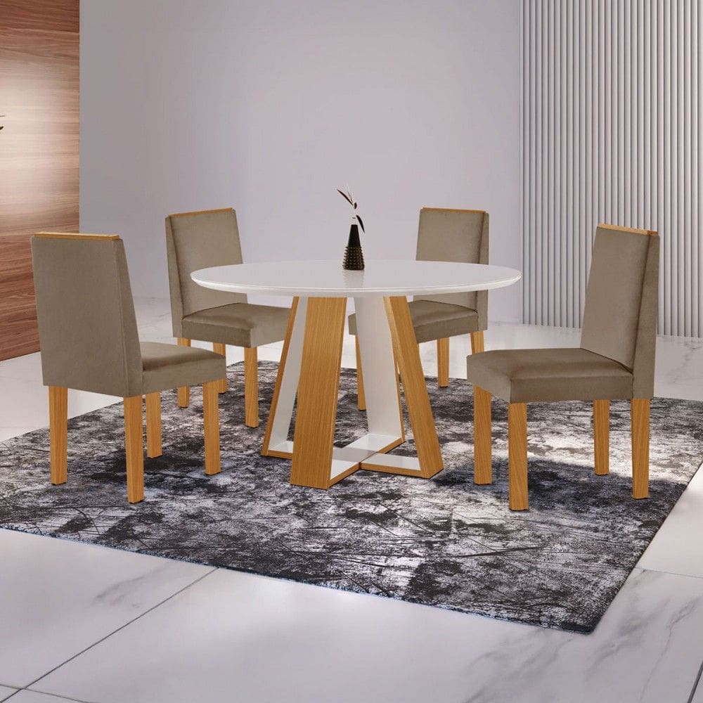 Mesa de Jantar 4 Lugares Tóquio com Vidro Castanho/Cinamomo/Suede Capuccino 17011 - Lj Móveis