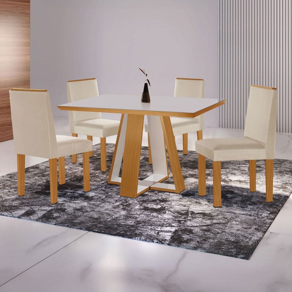 Mesa de Jantar 4 Lugares Tóquio com Vidro Castanho/Cinamomo/Suede Creme - Lj Móveis