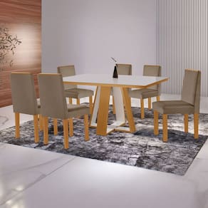 Mesa de Jantar 6 Lugares Tóquio com Vidro Castanho/Cinamomo/Suede Capuccino - Lj Móveis
