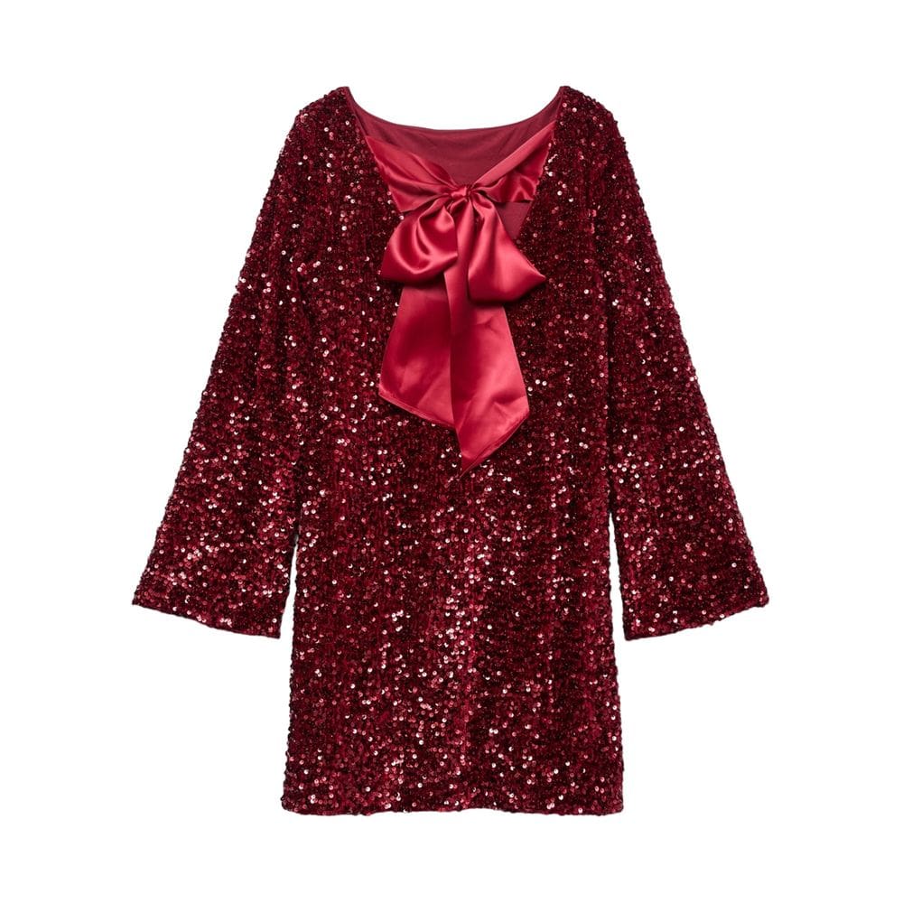 Minivestido de lantejoulas HOCANDY vermelho de manga comprida sem encosto para mulheres
