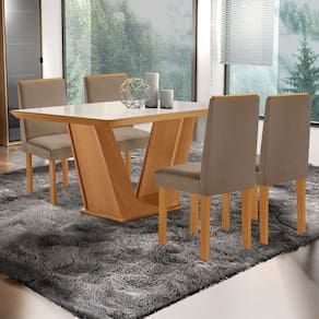 Mesa de Jantar 4 Lugares França com Vidro Castanho/Cinamomo/Suede Capuccino - Lj Móveis