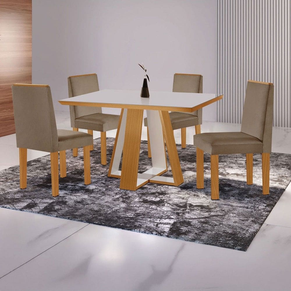 Mesa de Jantar 4 Lugares Tóquio com Vidro Castanho/Cinamomo/Suede Capuccino - Lj Móveis