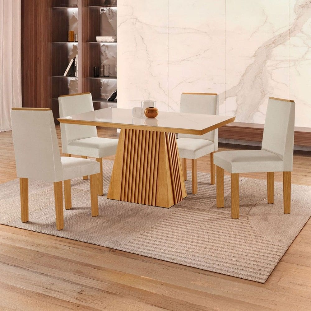 Mesa de Jantar 4 Lugares Austrália com Vidro Castanho/Cinamomo/Suede Creme - Lj Móveis