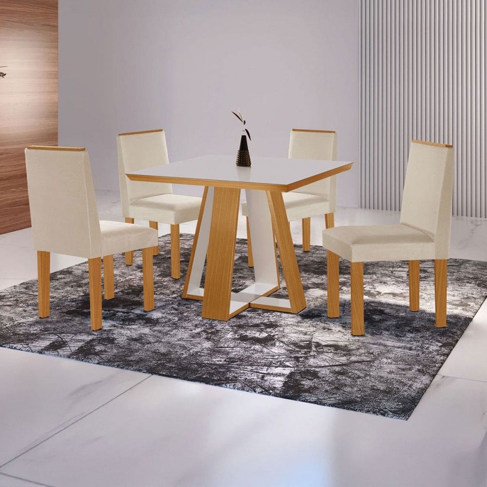 Mesa de Jantar 4 Lugares Tóquio com Vidro Castanho/Cinamomo/Suede Creme 17010 - Lj Móveis