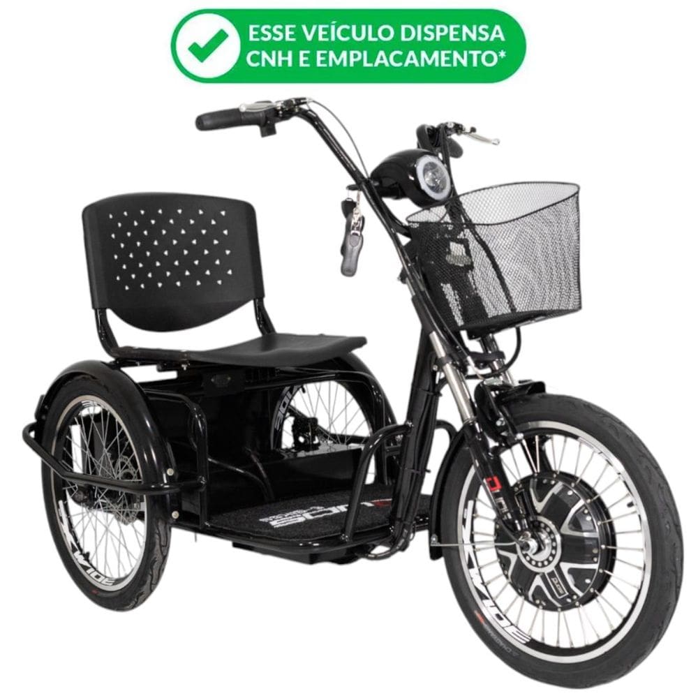 Triciclo Elétrico 800W Ré Farol Alarme Retrovisor Fox Preto - Não precisa de CNH