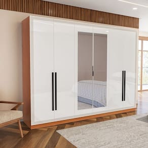 Guarda Roupa 6 Portas e 4 Gavetas com Espelho Valência Freijó/Branco