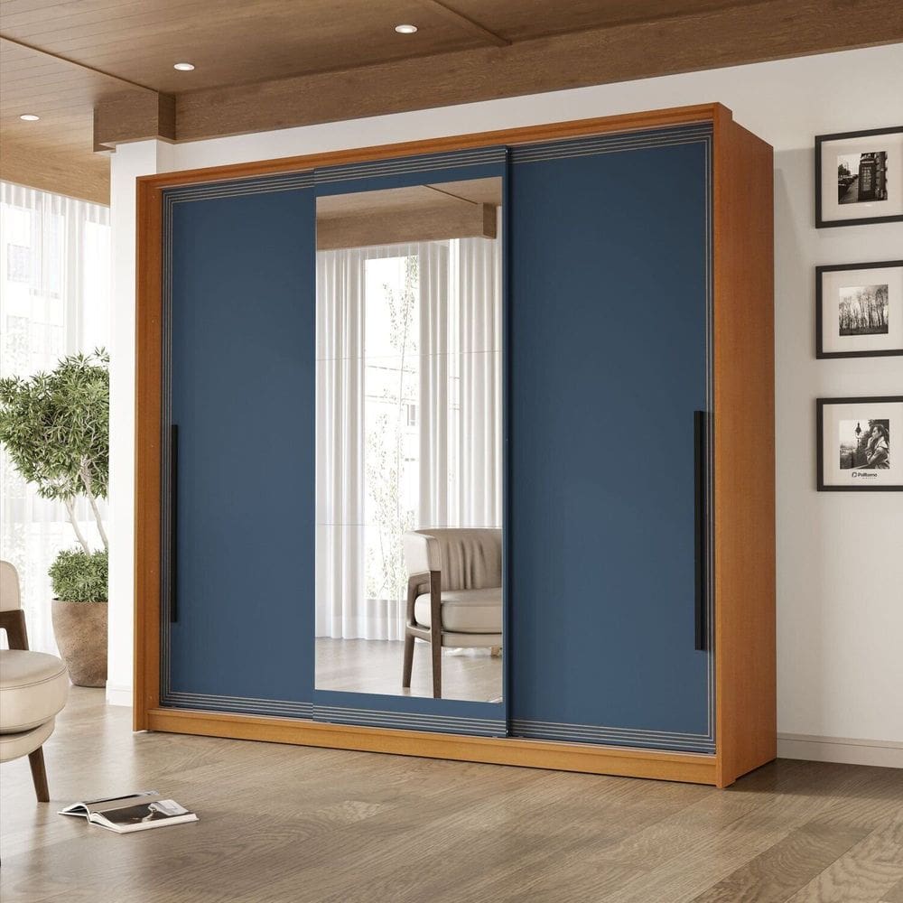 Guarda-roupa 3 Portas de Correr 4 Gavetas com Espelho Valência Freijó/Azul