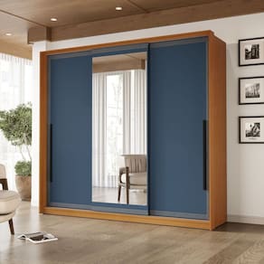 Guarda-roupa 3 Portas de Correr 4 Gavetas com Espelho Valência Freijó/Azul