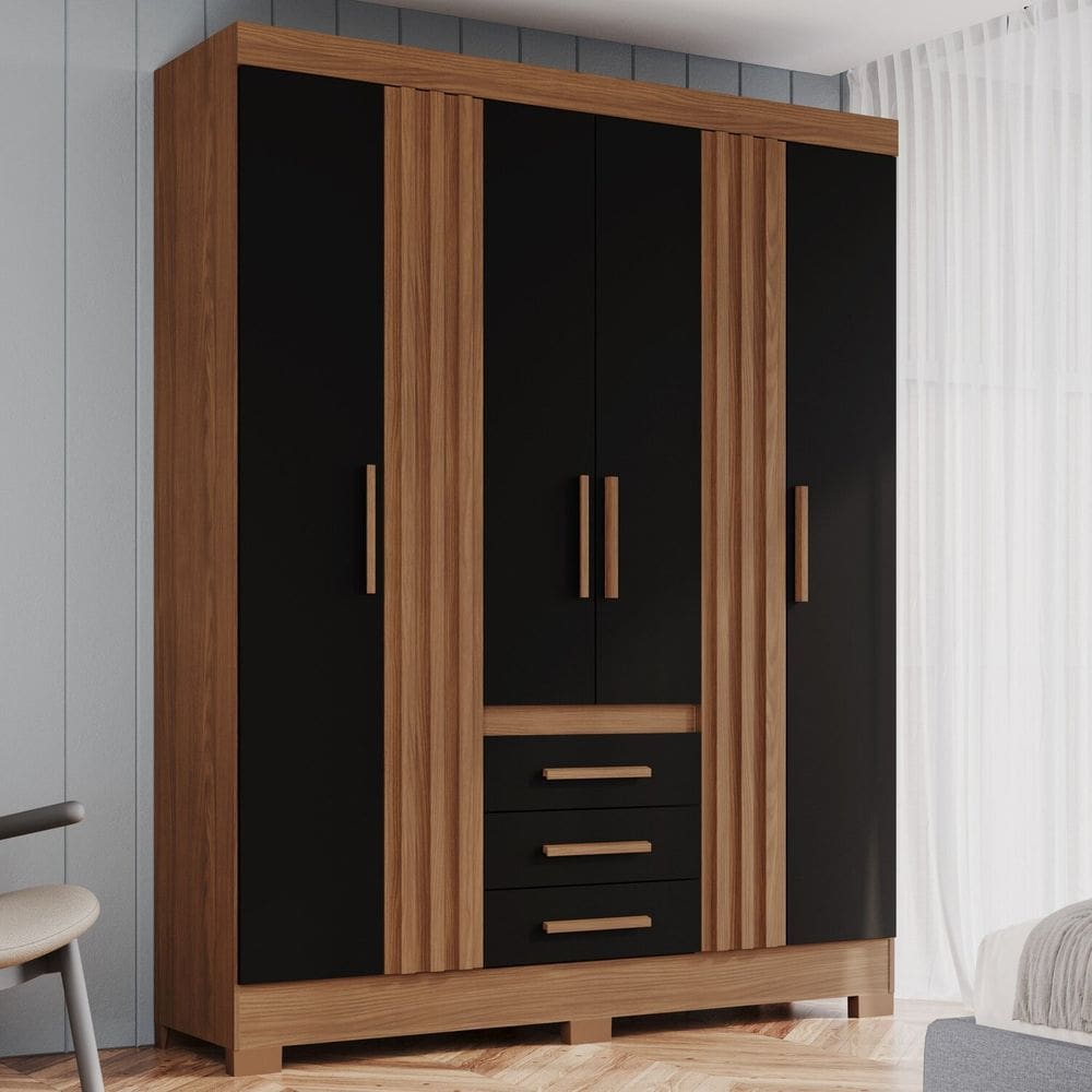 Guarda Roupa Master 4 Portas 3 Gavetas com Pés em Abs Marrom/Preto