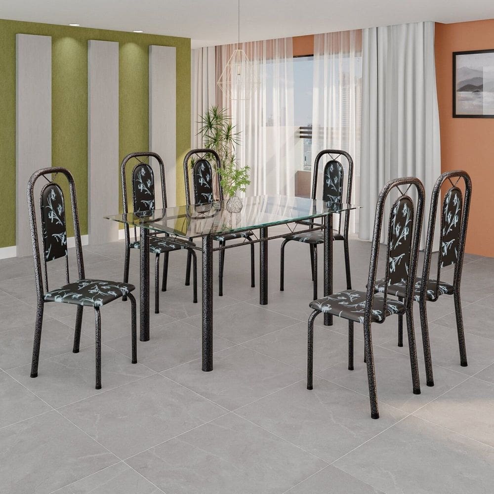 Conjunto de Mesa Tubular 140cm X 75cm Tampo Vidro Incolor com 6 Cadeiras Lara Preto/Preta