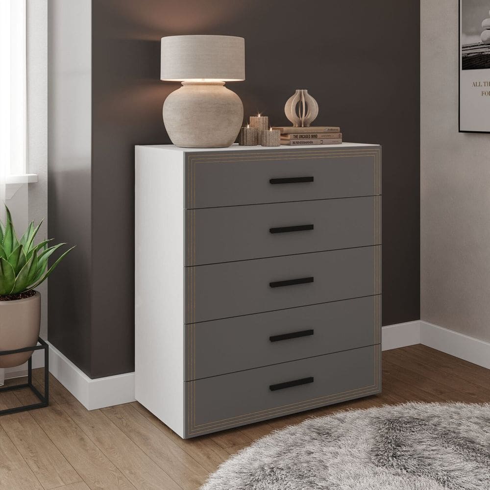 Cômoda 5 Gavetas Móveis 104,2cm 90cm 46cm Valência Branco/Cinza