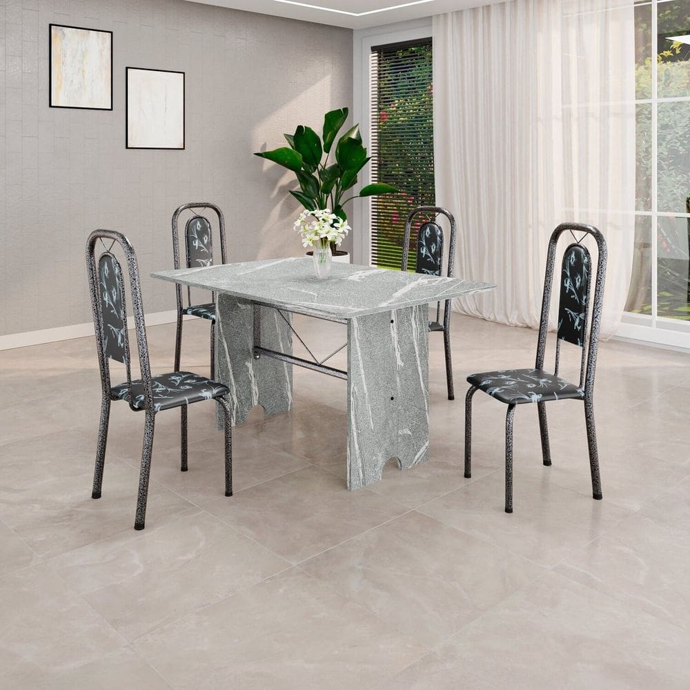 Conjunto de Mesa Tubular 120cm X 75cm Tampo Granito Topázio com 4 Cadeiras Lara Preto/Prata