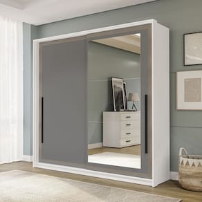Guarda-roupa 2 Portas de Correr e 2 Gavetas com Espelho Valência Branco/Cinza