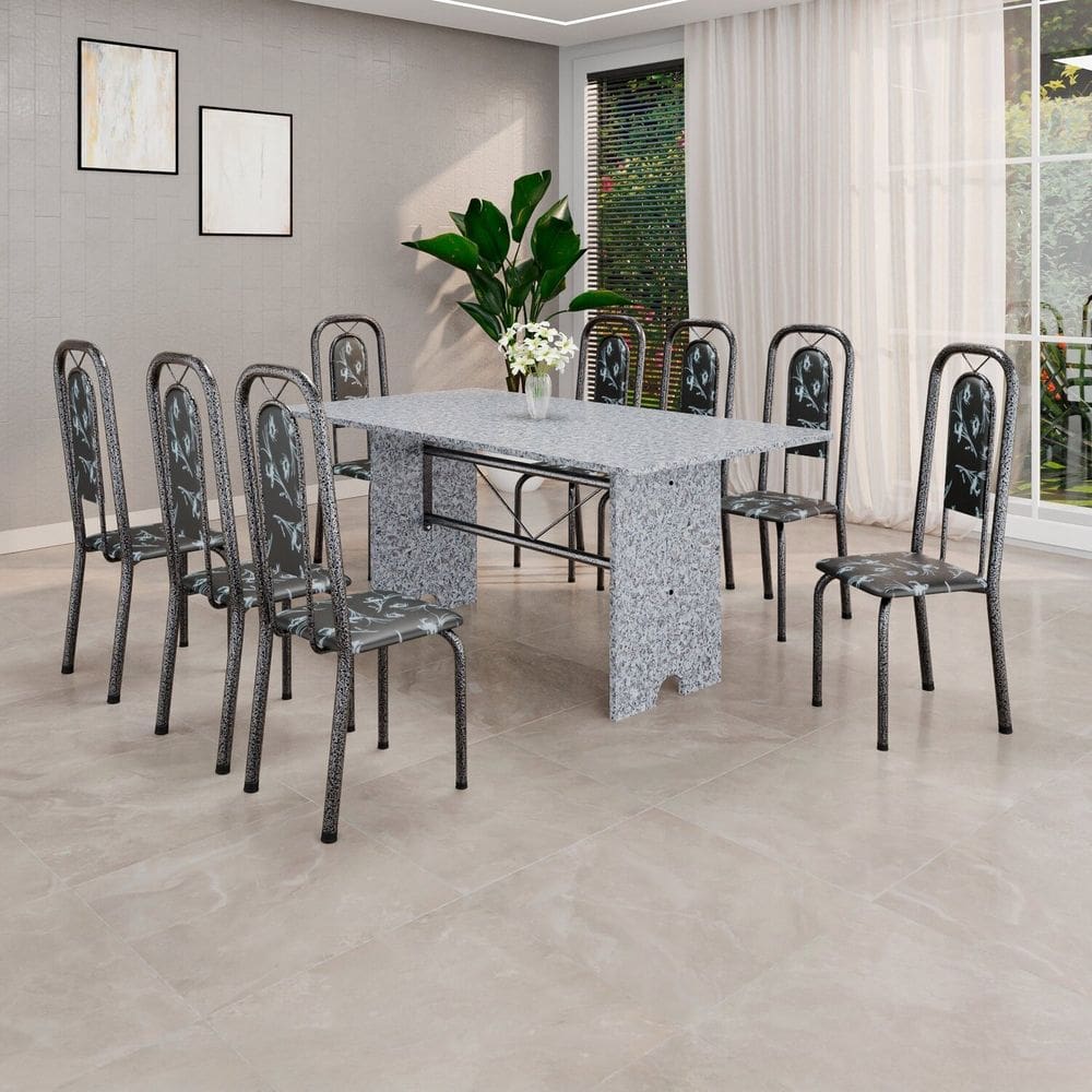 Conjunto de Mesa Tubular 180cm X 75cm Tampo Granito Ocre com 8 Cadeiras Lara Preto/Prata