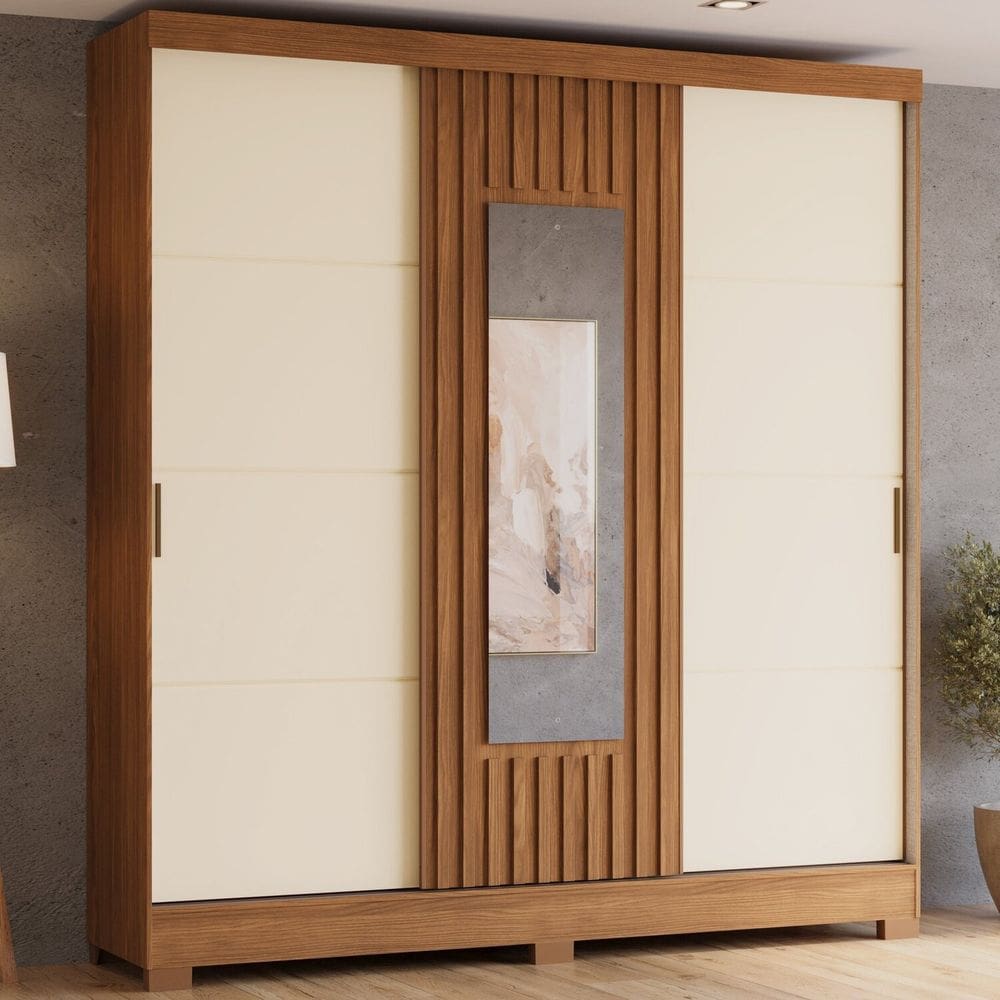 Guarda Roupa 3 Portas Deslizantes com Aplique Ripado 2 Gavetas e Pés em Abs Espresso Móveis Marrom/Off White