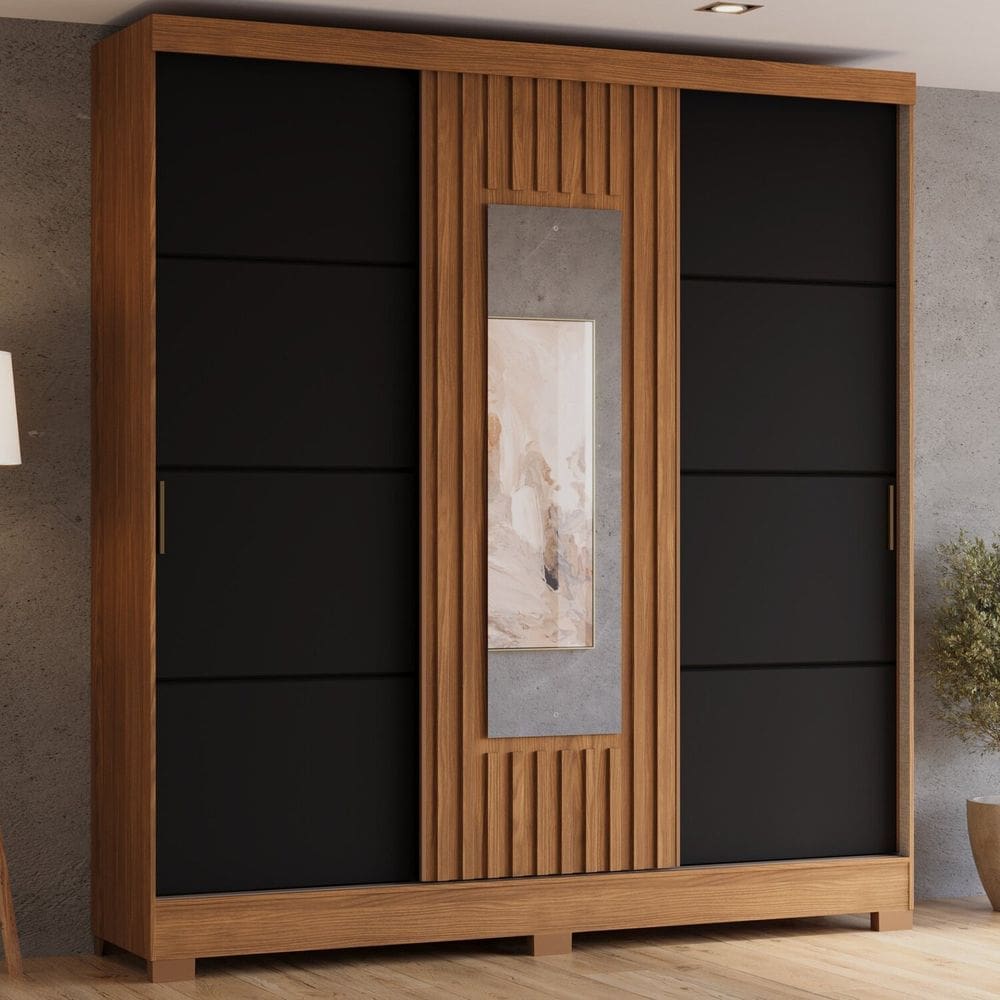 Guarda Roupa Spazio 3 Portas Deslizantes com Aplique Ripado 2 Gavetas e Pés em Abs Espresso Móveis Marrom/Preto