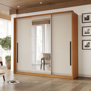 Guarda-roupa 3 Portas de Correr 4 Gavetas com Espelho Valência Freijo/Creme