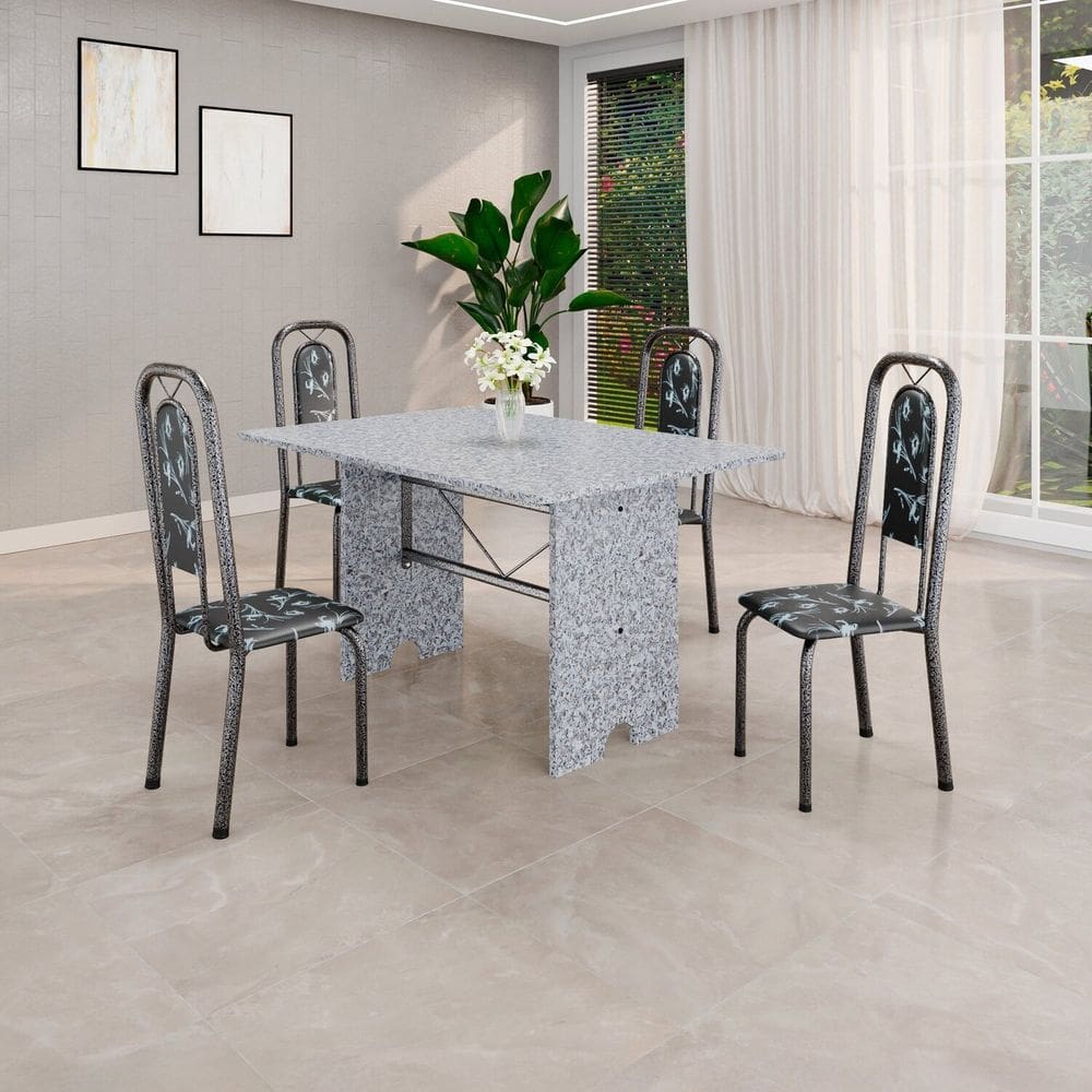 Conjunto de Mesa Tubular 120cm X 75cm Tampo Granito Ocre com 4 Cadeiras Lara Preto/Prata
