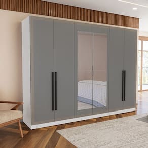 Guarda Roupa 6 Portas e 4 Gavetas com Espelho Valência Branco/Cinza