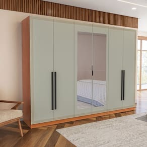Guarda Roupa 6 Portas e 4 Gavetas com Espelho Valência Freijó/Verde