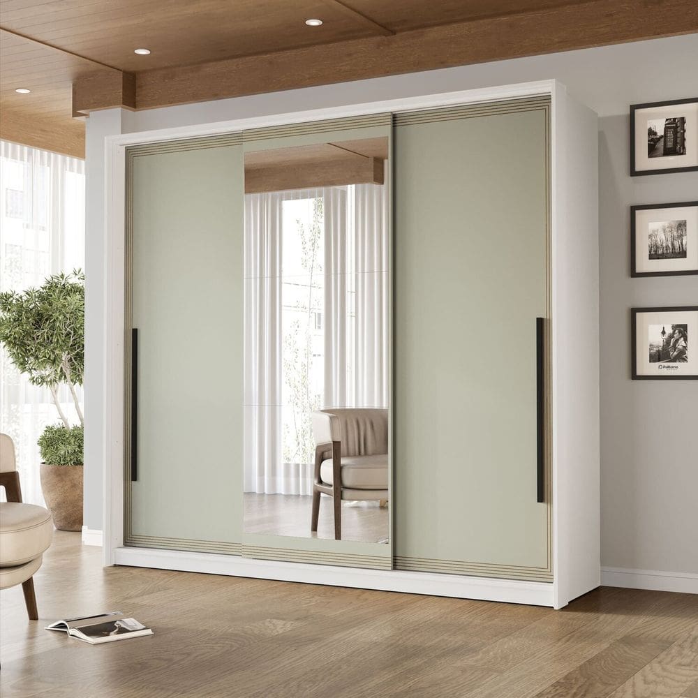 Guarda-roupa 3 Portas de Correr 4 Gavetas com Espelho Valência Branco/Verde