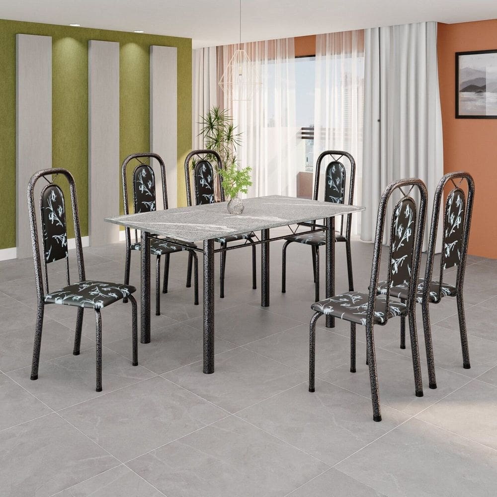 Conjunto de Mesa Tubular 140cm X 75cm Tampo Granito Topázio com 6 Cadeiras Lara Preto/Prata