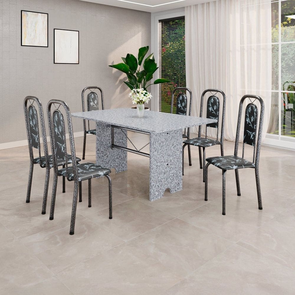 Conjunto de Mesa Tubular 140cm X 75cm Tampo Granito Ocre com 6 Cadeiras Lara Preto/Prata