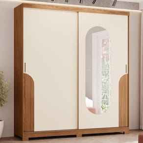 Guarda Roupa Alonzo 2 Portas Deslizantes 3 Gavetas Detalhes e Espelho com Cantos Arredondados Espresso Móveis Marrom/Off White