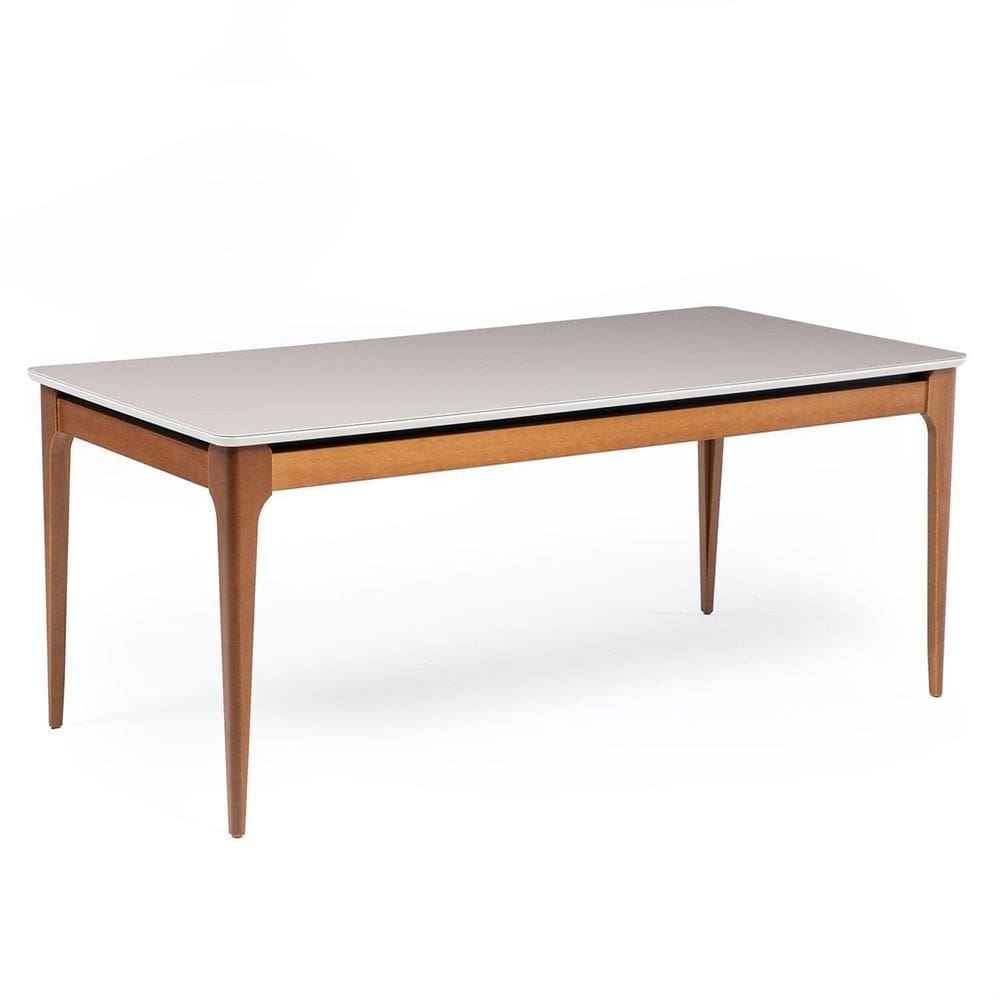 Mesa de Jantar 180cm com Base de Madeira Natural e Tampo de Vidro Addar Off White Fosco/Natural